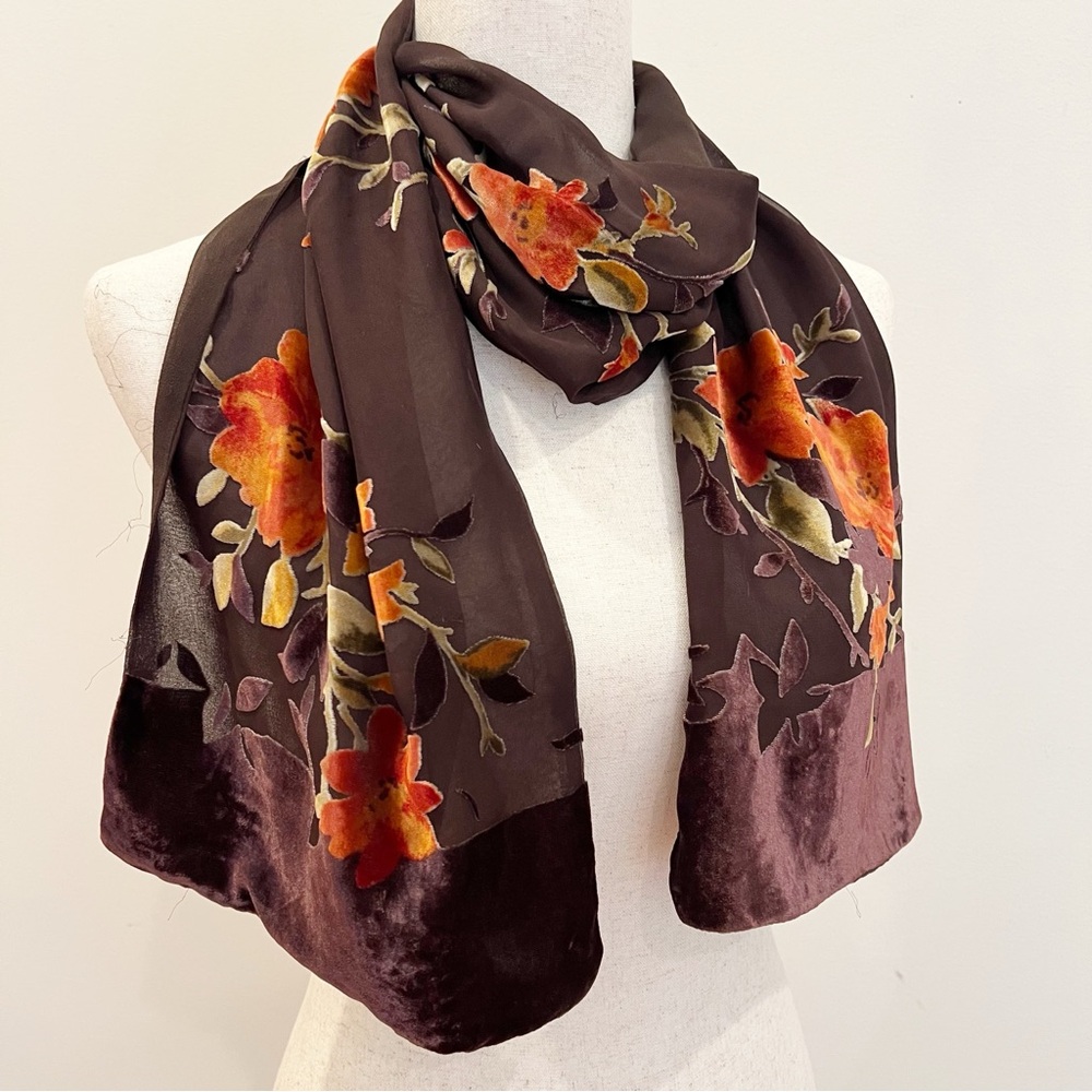 Echo Silk Velvet Burnout Scarf Women Rectangular Brown Floral Sheer Chiffon Luxe